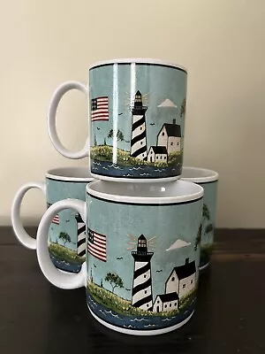 Set Of 4 Sakura Warren Kimble Coastal Breeze Lighthouse Flag 12 Oz Ceramic Mugs • $20.49