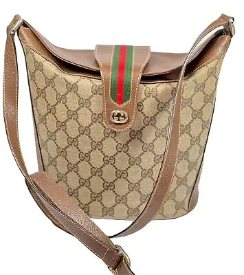 Vintage Gucci Sherry Line Drawstring Shoulder Bag PVC Leather Brown #283 • $319