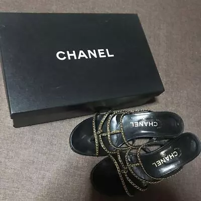 CHANEL Chain Sandals US6.5 EU37 Gold Black Heel Ladies Accessary Authentic • $219.38