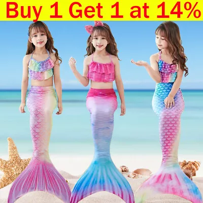 UK Kids Mermaid Tail With Monofin Swimmable Bikini Set Swimsuit Swimming Costume • £11.79