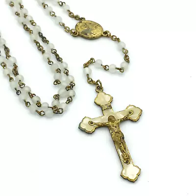 5 DECADE Rosary W/ Mother Of Pearl Crucifix - Vintage 1940s Glass Beads & Brass • $20