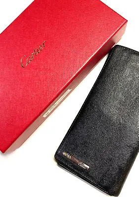 Cartier Vintage Santos Logo Plate Caviar Skin Leather Long Wallet France Black • $111.24