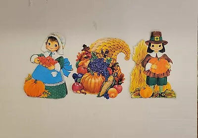 Vintage Thanksgiving Window Decoration Tall Die Cut Boy Girl Cornucopia Pilgrims • $12.99