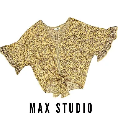 Max Studio Size L Yellow Boho Cottagecore Ruffle Short Sleeve Tie Front Top • $18