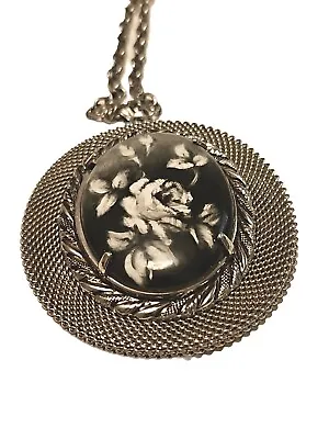 70s Hand Painted Black White Rose Flower Cameo Style Pendant Necklace 24  Chain • $11.95