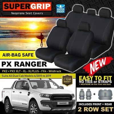 SuperGrip Black Neoprene Seat Covers FORD RANGER PX2 PX3 XL XLT 2ROWs 6/2015-22 • $319