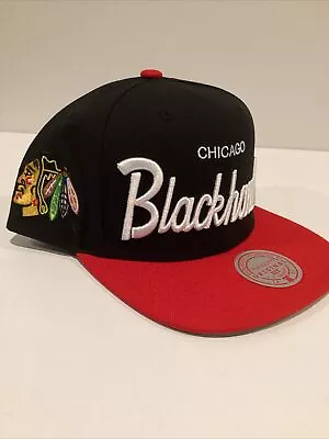 Chicago Blackhawks Mitchell & Ness Black Red Script Adjustable Snapback Hat Cap • $24.01