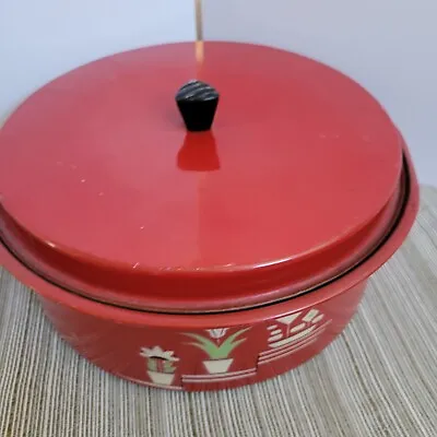 Tin Metal Round Pantry Box Cake Keeper Original Red Paint Print Vintage  • $73.71