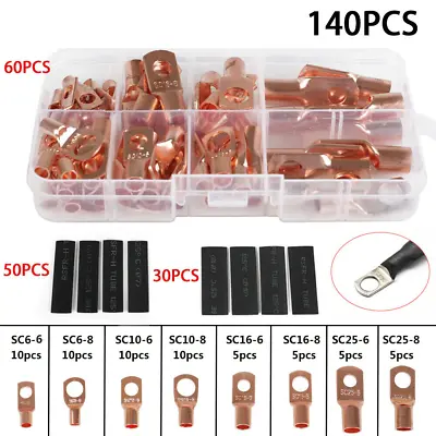 140pcs Battery Lugs Terminal Ring Connector Bare Copper Wire Gauge SC6-25 Kit • $11.99