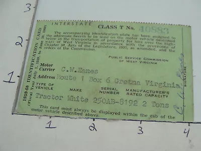 Vintage Paper -1959-60 Id Card - INTERSTATE Class T WEST VIRGINIA - TRACTOR • $27.10