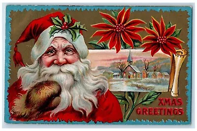 C1910's Christmas Santa Claus Holly Church House Poinsettia Flowers Postcard • $9.98
