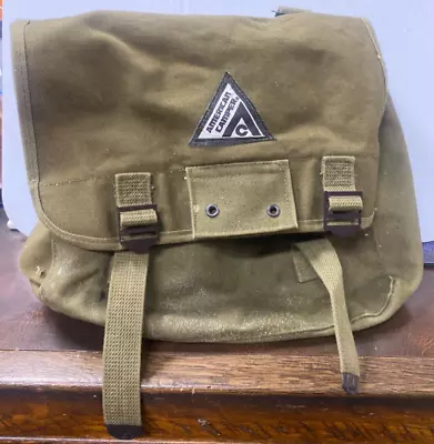 VINTAGE American Camper Green Canvas Knapsack Bag Backpack Messenger Buckle • $29.95