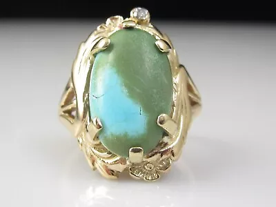 Turquoise Diamond Ring Vintage Estate 10K Yellow Gold Size 5.5 Retro Period • $350