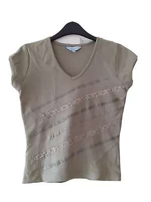 New Y2K 90s 2000s Khaki Olive Green Lace Pattern Stretch V-neck T-shirt Tee 8-10 • £10