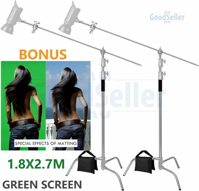 2x 3.3m C-Stand Stainless Steel Support Boom Arm Grip Head+Sandbags Green Screen • $276.99