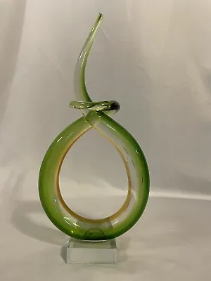 Vintage Murano Green Abstract Twist Italian Curled Glass Sculpture Clear Base 12 • $45