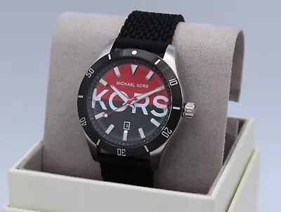 New Authentic Michael Kors Layton Black Silver Red Silicone Men's Mk8892 Watch • $89.99