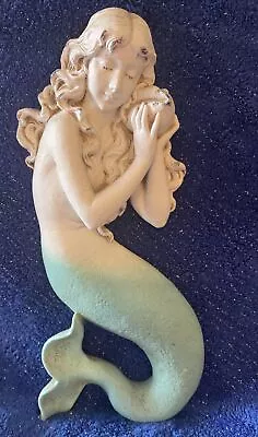 Mermaid Holding Shell Sea Green Tail Wall Sculpture Art 14 Inches High • $34.99