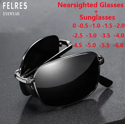 Foldable Men Metal Tinted Myopia Nearsighted Glasses Square Outdoor Sunglasses • $10.39