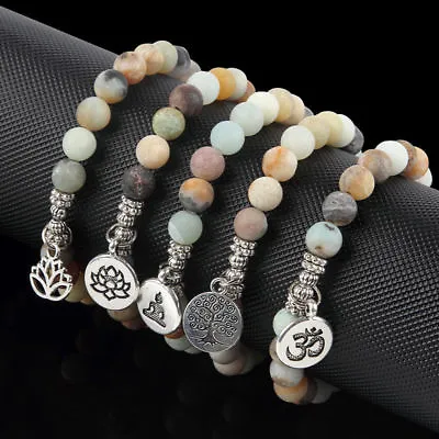 3D OM Lotus Matte Amazonite Stone Strand Bracelets Chakra Mala Healing Bracelets • $7.99