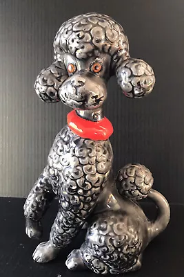 VTG Ceramic Poodle Decor 12  Tall Kitsch  MCM Hand Painted Grey Gray Red 1979 • $17.99