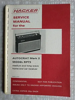 Service Manual Hacker Autocrat Mark 2 Transistor Radio Model RP73 • £7.90