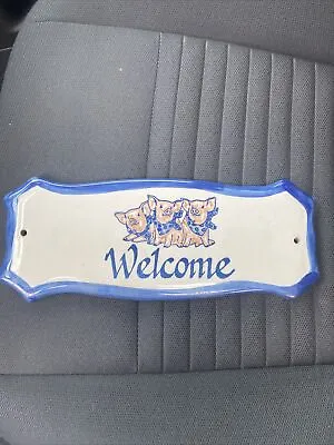 Louisville Stoneware Three Precious Pigs Welcome Sign Blue Scarves Vintage • $27.79