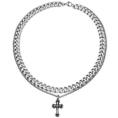 Punk Silver Titanium Steel Double Layer Cuban Chain Cross Necklace For Men • $14.99