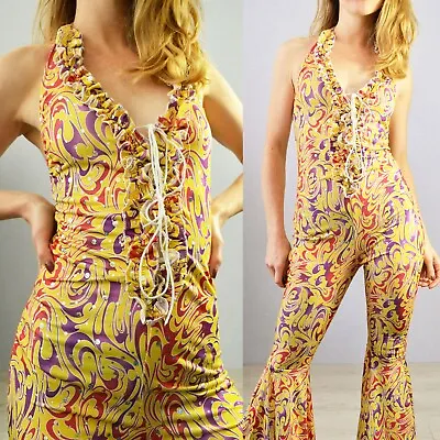 Colourful Festival Jumpsuit Lace Up Flare All In One Patterned Sparkly Leotard • £39.95
