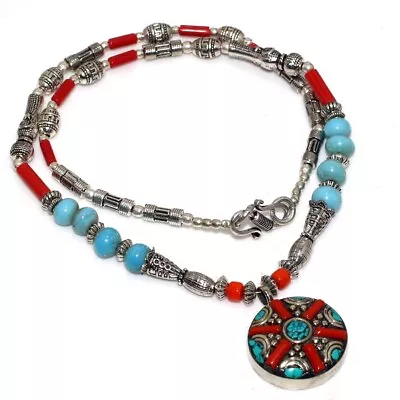 48gms Huge Tibetan Turquoise Red Coral Nepali Tribal Gemstone Necklace 18  GW • $13.99