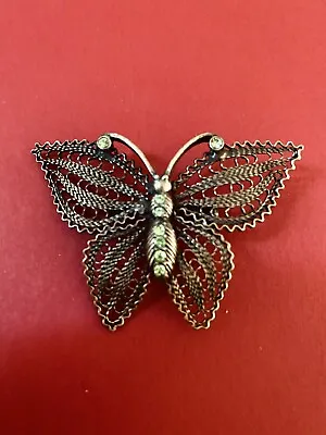 Vintage Filigree Butterfly Pin Brooch 2.5 In Green Rhinestones A430 • $7.99