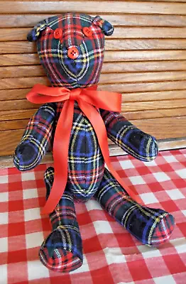 Vintage Handmade Jointed Teddy Bear 15  Blue Plaid Polyester Button Eyes 1980s • $9.95