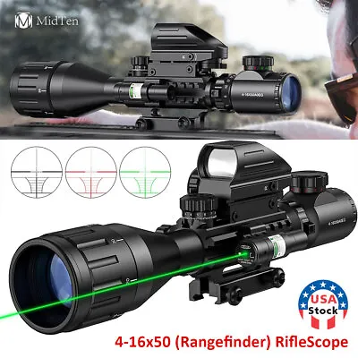 Tactical 4-16x50 Rangefinder Reticle Rifle Scope Green Laser & Reflex Dot Sight • $71.99