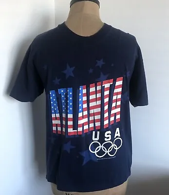 Vintage 1996 Official Atlanta USA Olympics Single Stitch Blue Tshirt Size Large • £8.99