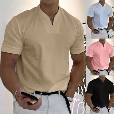 Mens Short Sleeve Solid Loose Casual Linen Shirts Shirt Blouse Tops Summer • $13.35