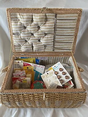 Dritz Vintage Sewing  Basket Wicker  Filled With Notions MCM Pincushion Buttons • $19.98
