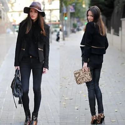A814 Zara Woman Black Blazer Boucle Fantasy With Gold Zips Coat Jacket Large - L • $109.99