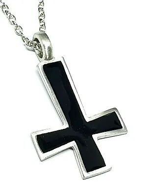 Inverted Cross Necklace Pendant Black Enamelled Satanic Lucifer Occult 18  Chain • £7.49