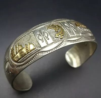 Vintage NAVAJO Sterling Silver With Gold Overlay STORYTELLER Cuff BRACELET • $275