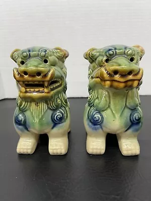 Vtg Pair Chinese Fu Foo Dogs Guardian Lions Glazed Ceramic Figurines Blue Green • $60