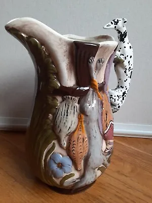 VTG 73 Majolica Greyhound Handle Hunting Pitcher Wild Game Rabbit Pheasant Quail • $75