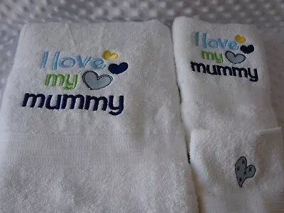 Blue I Love My Mummy White Machine Embroidered Bath Towel Set • $36