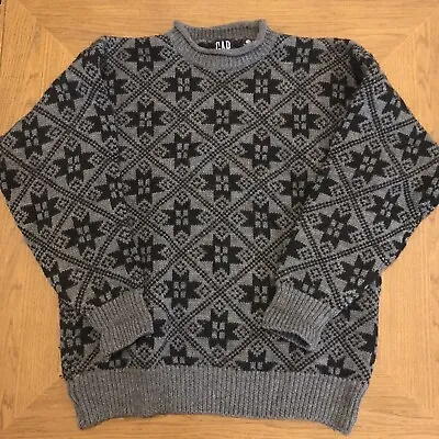 TRUE VINTAGE 90s Large (XL) GAP Gray Nordic Fair Isle Ski Wool Roll Neck Sweater • $17.99