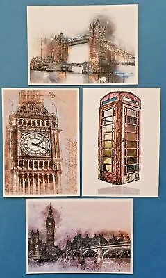Set Of 4 NEW London A6 Postcards Abstract Grunge Art Big Ben Tower Bridge 82N • £6.27