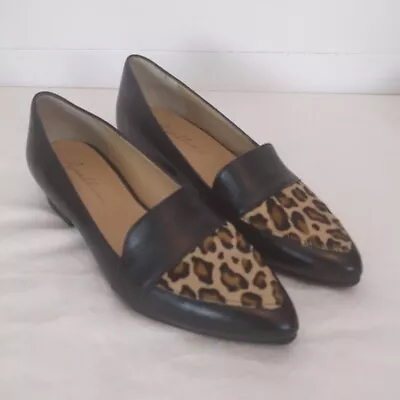 Avellini Womens Black Leather Leopard Calf Hair Loafers Size 5 Made In Italy • $15.94