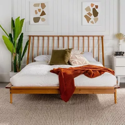 Mid Century Modern Platform Bed Frame Headboard Queen Solid Wood Light Walnut LP • $569.99