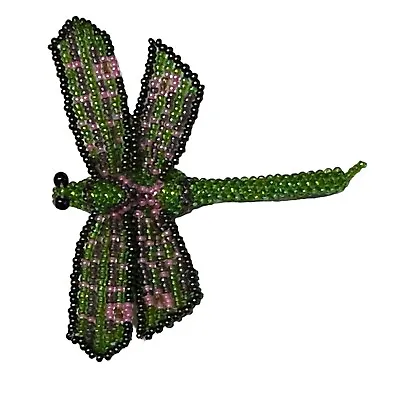 Vtg Hand Crafted Dragonfly Green Glass Seed Bead Felt Brooch Pin Figural Big 3in • $29.99