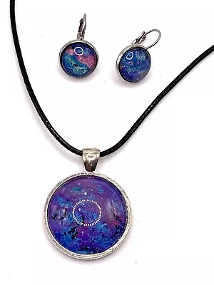 Necklace & Earrings Blue 18-19” Black Cord Art Under Glass • $19.99