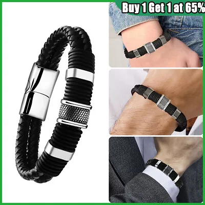 £3.30 • Buy Men's Stainless Steel Leather Bracelet Magnetic Silver Clasp Bangle Black