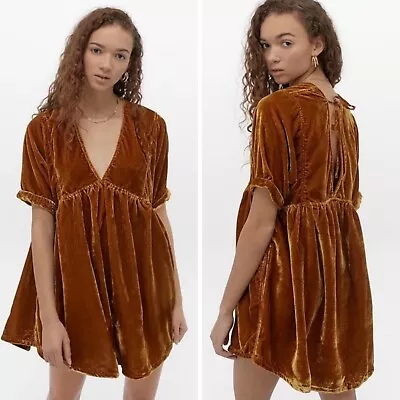 Free People Ivy Gold Velvet Babydoll Mini Dress Women Small S Relaxed Back Tie • $48